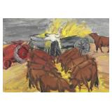 Paulina Everitt 'Feeding Cattle' Painting on Paper