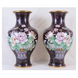 Pair of Large Black Cloisonne Floral Vases