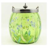 Green Art Glass Biscuit Jar w/ Painted Floral