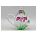 Teapot Shaped Art Glass Floral Paperweight
