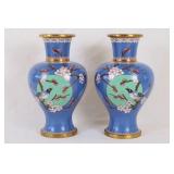 Pair Blue Cloisonne Bird Vases