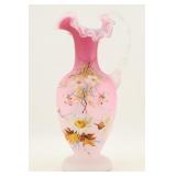 Pink Satin Glass Floral Ewer