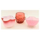 Three Pink & Cranberry Art Glass Vessels