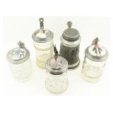 Four German Glass Steins & One Pewter Stein