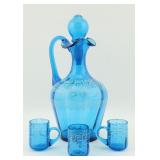 Enameled Blue Glass Pitcher and 3 Mini Mugs