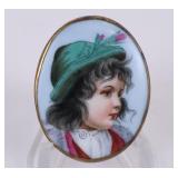 Portrait Miniature in Green Hat Brooch