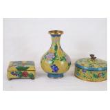 Yellow Cloisonne Vase and Covered Boxes