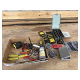Assorted drill bits, tape measure and chalk