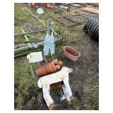 Metal garden art and pots