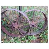 2 smaller antique farm wheels garden yard decor