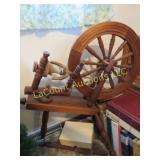 antique spinning wheel w box of wool