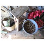 wood step stool assorted gardening pots