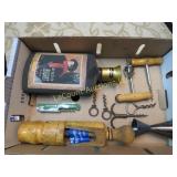 assorted wine cork screws jigger bottle