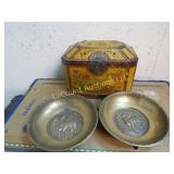 vintage lidded tin 2 brass type dishes deer scenes