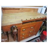 antique wood workers work bench w 2 vises drawers