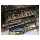 vintage fishing tackle box w some lures pole misc