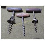 3 vintage wood handle cork screws Ranier adv,