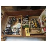 vintage fishing reels lures in wood box
