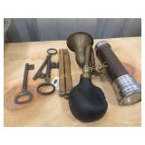 folding tape flashlight skeleton keys old horn
