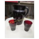ruby red glass pitcher 2 juice glasses