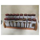 vintage glass spice rack metal lids wood stand