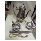 silver plated teapot creamer sugar strainer