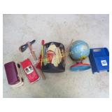 assorted vintage toys drum tin world bank misc