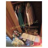 all in closet many table cloths clothes misc