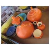 MCM orange coffee pot teapot colored plates