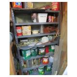 metal shelving unit w coffee cans some parts