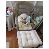 wicker chair w foot stool pads stuffed animals