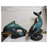 2 blue mountain pottery type dolphin figures