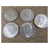 5 Kennedy Halves Half Dollars all 1964 silver