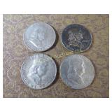 4 Benjamin Franklin halves Half Dollars Silver