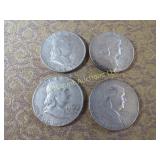 4 Benjamin Franklin halves Half Dollars Silver