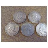 5 Benjamin Franklin halves Half Dollars Silver