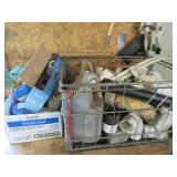 milk crate w plumbing supplies light bulbs misc