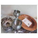 pewter goblets wine bottle stopper wood bowl