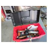 tool box w assorted tools stapler sanding pads
