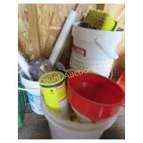 3 pails misc gardening garage items
