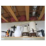 coffee related supplies on shelf pots perculator