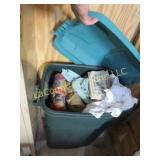 covered trash bin w burlap bags misc