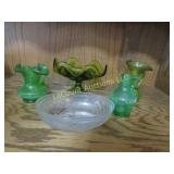 vintage crackle glass MCM green pedestal dish