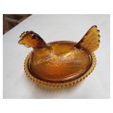 vintage covered chicken dish amber