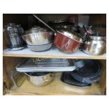 2 shelves cookware pans metalware baking pans