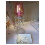 vintage ruby glass lamp w hanging crystals