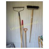 yard tools rake push boom shovel chisel