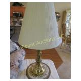 Pr brass table lamps w shades doilies