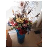 large blue glass vase w florals peacock feathers