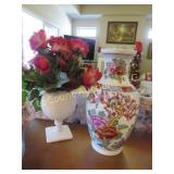 vintage milk glass vase w roses & Asian vase